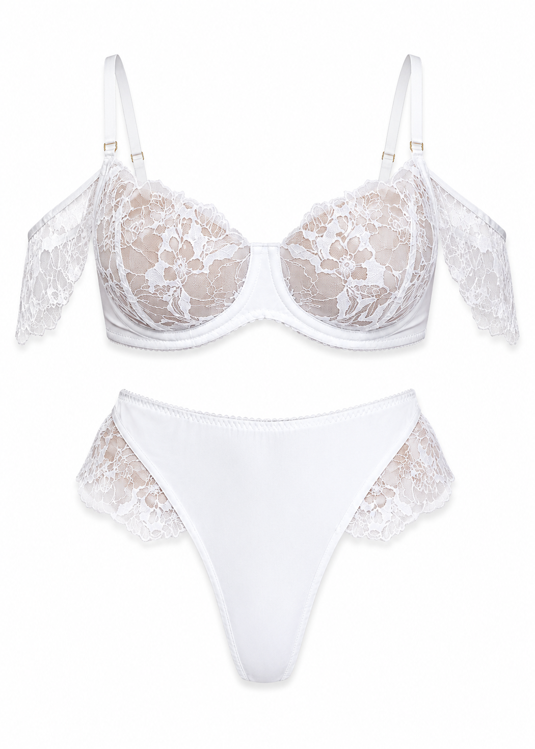 White lace bra and panties set on a white background